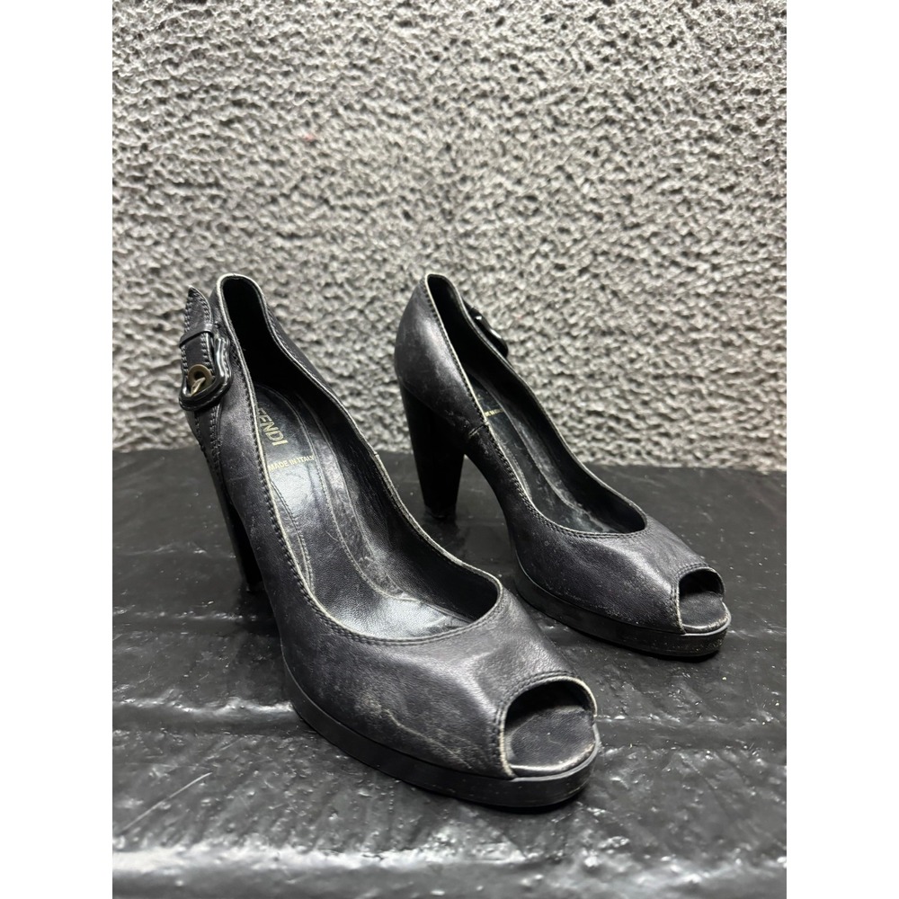 Fendi Peep Toe Leather Slip On High Heeled Pumps Black Womens Size 40‎ EU